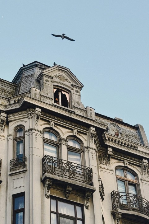 a large building with a bird flying over it