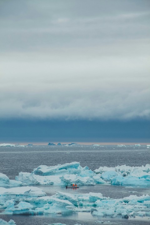 a large group of icebergs floating on top of a body of water