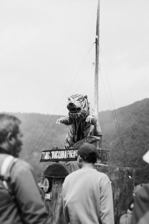 a group of people standing around a statue of a tiger