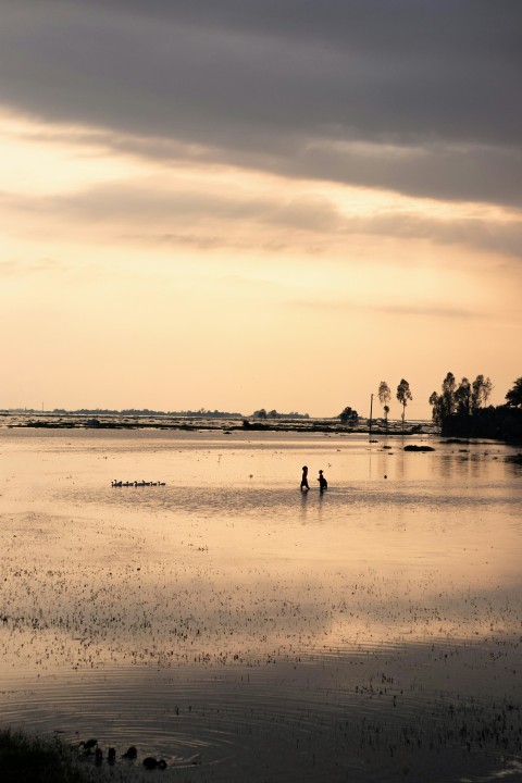 a couple of people are standing in the water