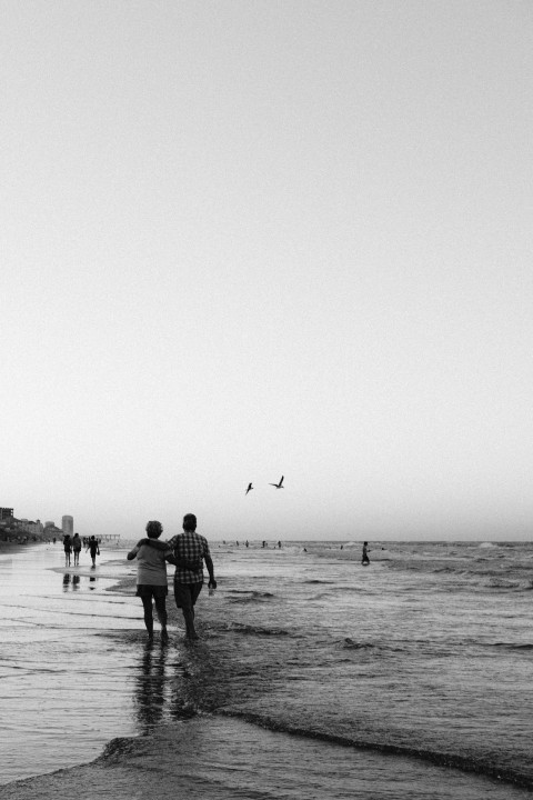 grayscale photo of people walking on beach CwUc