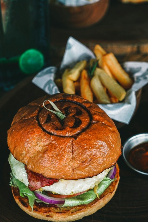 burger with potato fries