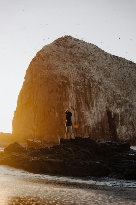 a person standing on a rock near the ocean