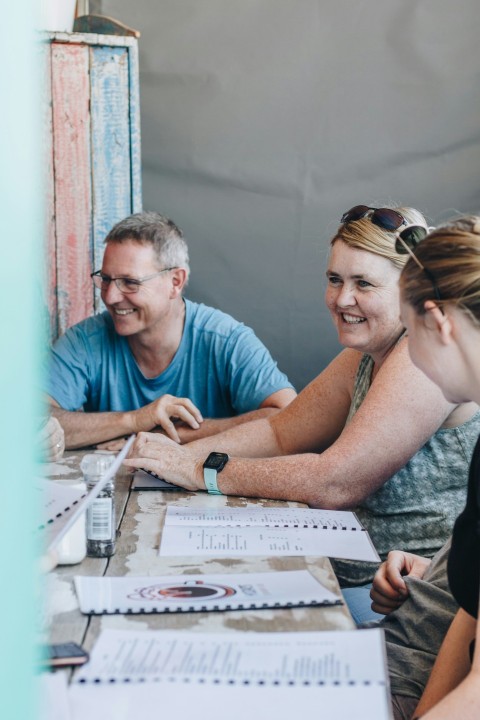 man sitting beside two women