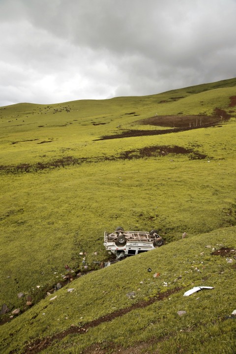 white vehicle on green hill