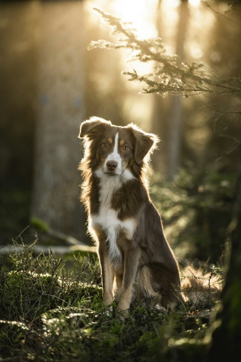 a brown and white dog sitting on top of a grass covered field