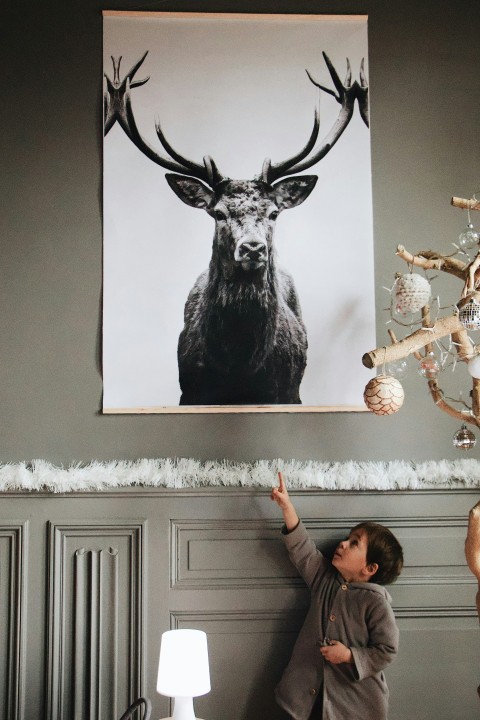 boy pointing deer painting