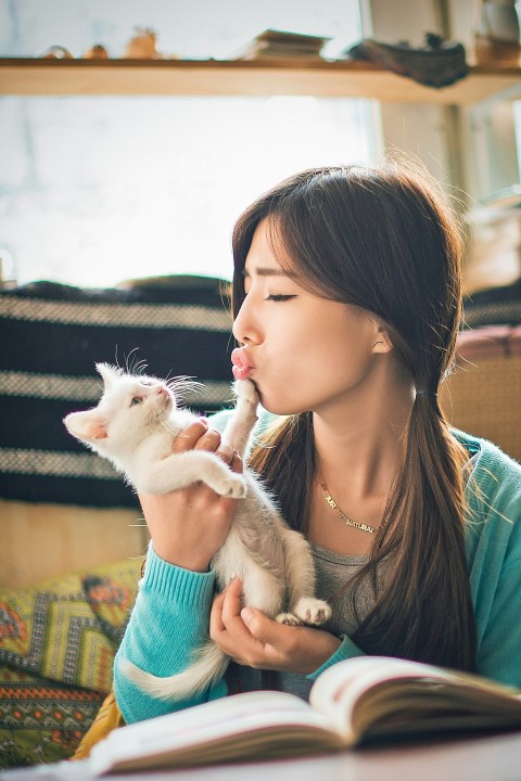 woman in green and blue striped shirt holding white cat