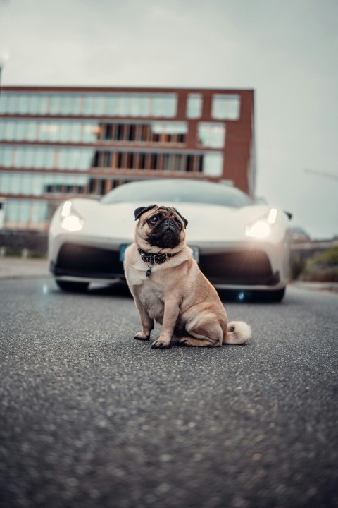 fawn pug on grey carpet