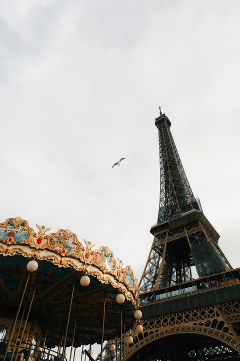 a carousel in front of the eiffel tower