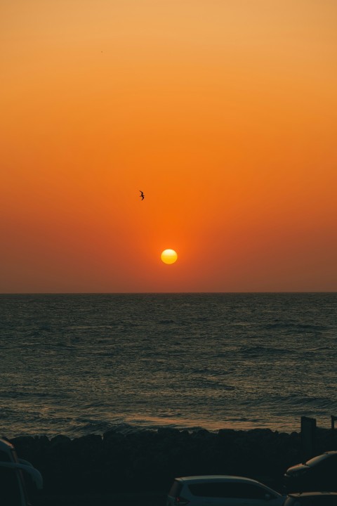 the sun is setting over the ocean with cars parked on the shore J