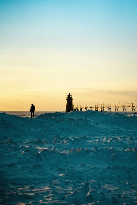 silhouette of man standing on beach during sunset