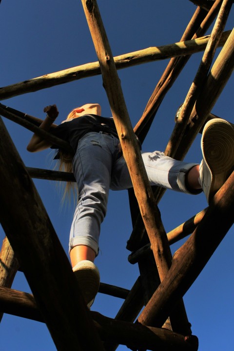 man in black t shirt and blue denim jeans climbing on brown wooden ladder during daytime