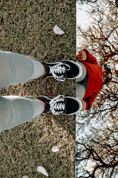 person in gray pants and black and white sneakers