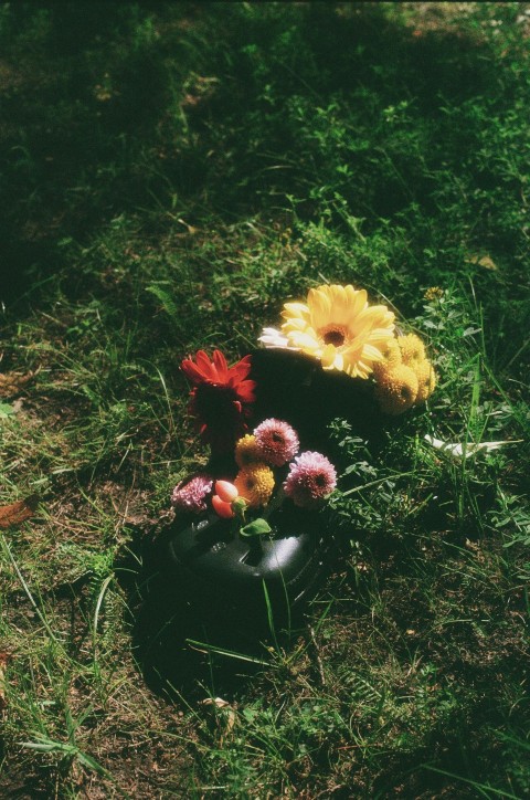 a black hat with flowers in it sitting in the grass