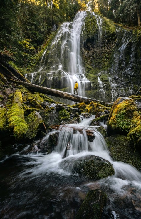 a man standing in front of a waterfall