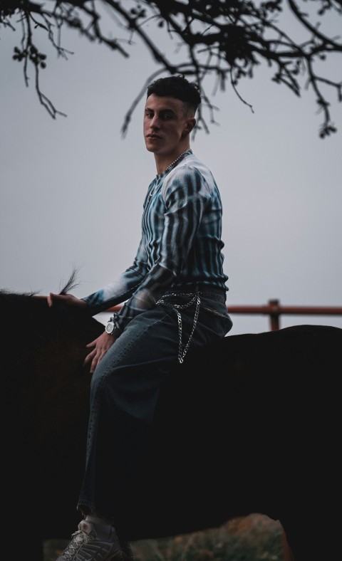 a man sitting on top of a horse next to a tree