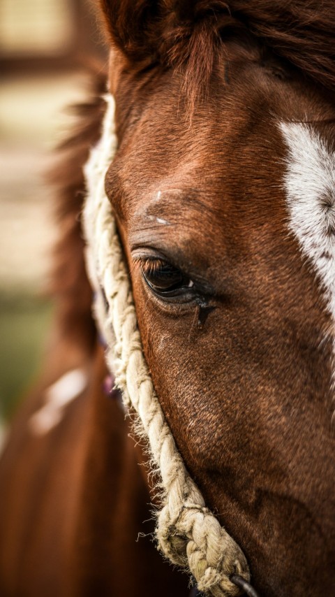 a close up of a brown horse with a white stripe on its face