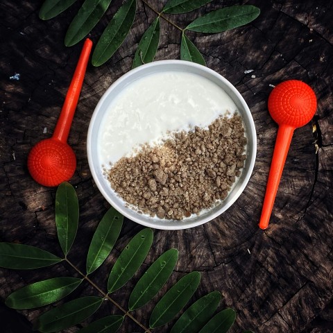 a bowl of oatmeal with a spoon next to it rJWS5