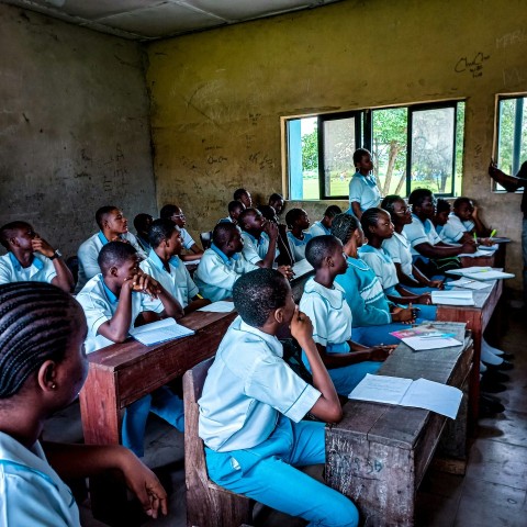 a group of people sitting in a classroom