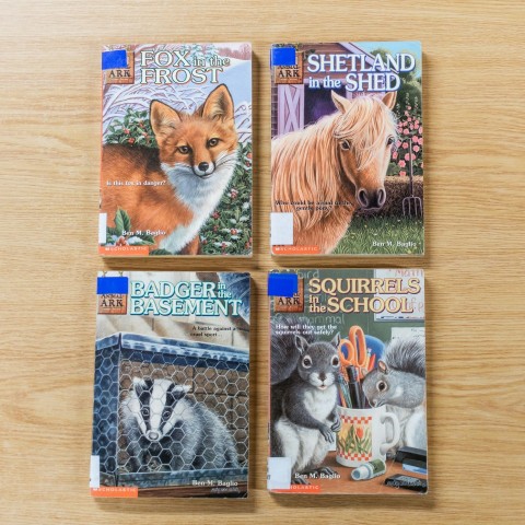 four childrens books on a wooden table