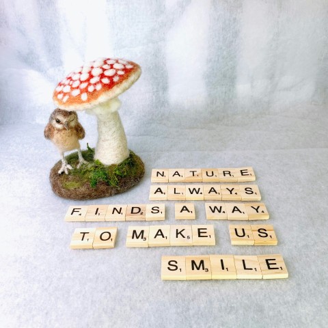 a small mushroom sitting next to scrabble tiles