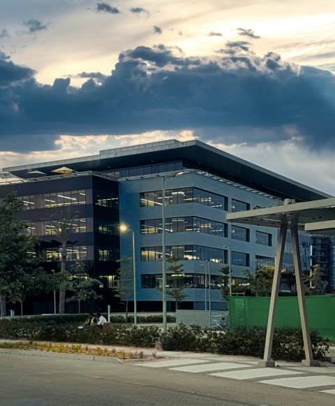 a building with a large glass front