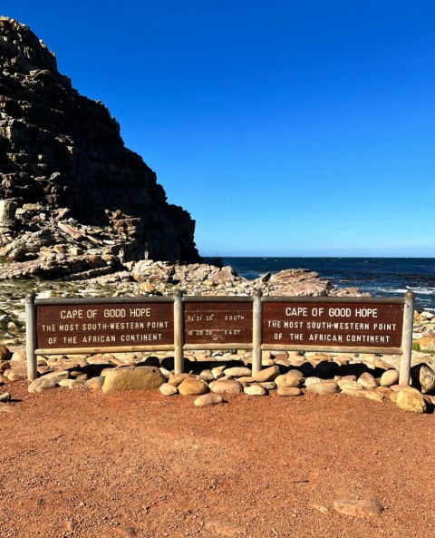 a group of wooden signs sitting on top of a rocky beach