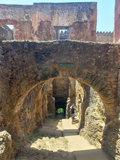 a man riding a bike through a stone tunnel