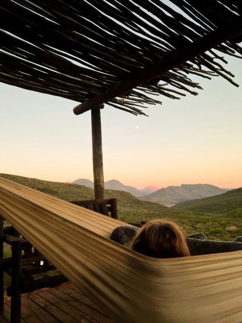 woman sitting on brown wooden bench looking at mountains during daytime