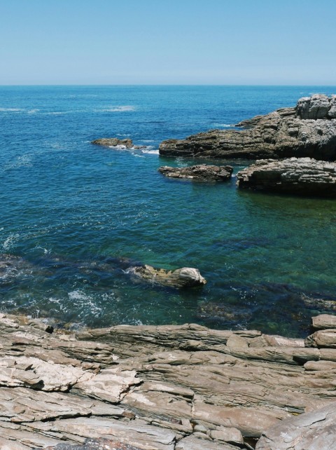 a rocky shore with a body of water