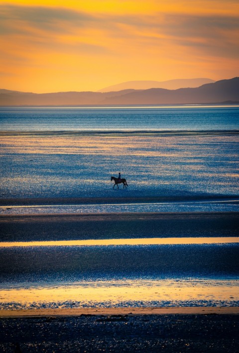 a person riding a horse on the beach at sunset _jEC