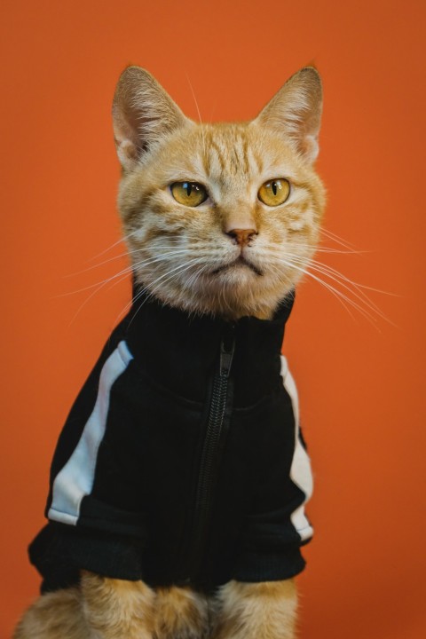 orange tabby cat in black and white jacket