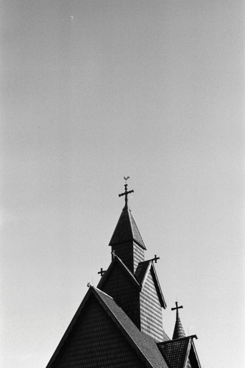 grayscale photography of church