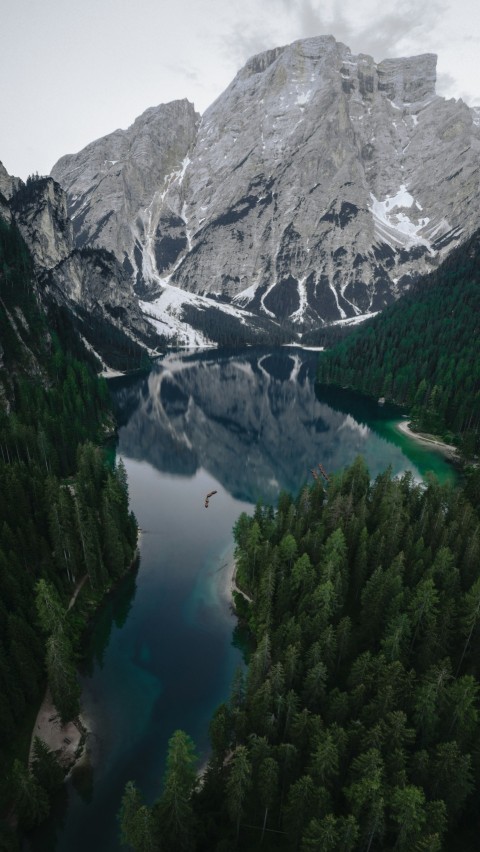 lake surrounded by green trees and snow covered mountains during daytime